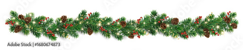 Horizontal Christmas garland with pine cones, fir branches, holly berries, glowing lights, and ribbons. Perfect for holiday banners, cards, and party posters. Transparent background in vector file.