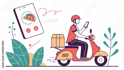 Illustration of a delivery person on a scooter with a smartphone showing a pizza order