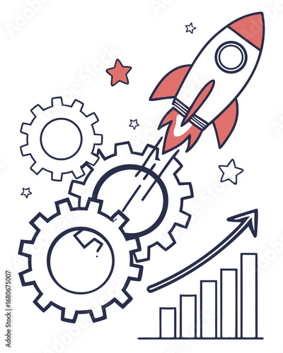 Hand drawn illustration of a rocket launching with gears and a rising bar graph on a transparent background
