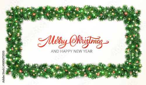Holiday banner. Christmas tree frame with fir branches and colorful glowing lights. Merry Christmas calligraphy. Perfect for winter headers, party posters, invitations, social media banners. Vector.