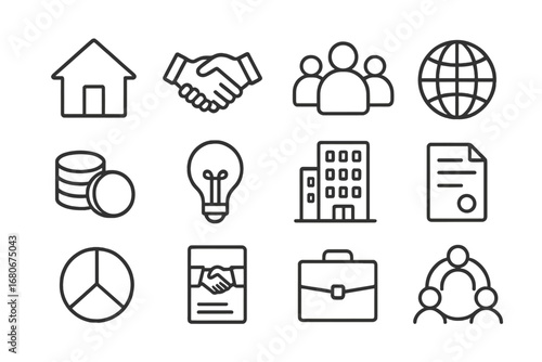 Community Enterprise Icon Set. Outline icon set of community-owned enterprises: house, handshake, group of