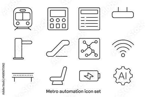 Metro Automation Icons. Outline icon set of metro automation: subway train, control panel, timetable screen,