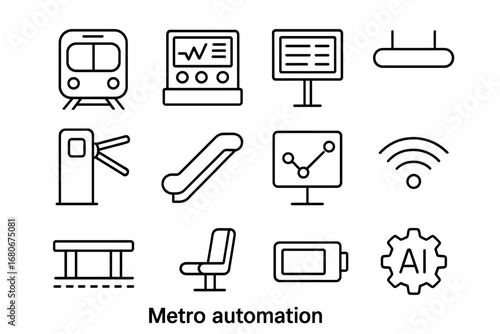 Metro Automation Icons. Outline icon set of metro automation: subway train, control panel, timetable screen,