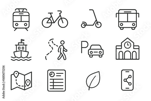 Green Transport Icons. Outline icon set of multimodal green transport: tram, bike, scooter, bus, ferry,
