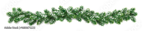 Horizontal Christmas garland. Snowy fir branches. Frosty festive design for winter celebration banners, greeting cards, invitations, and seasonal posters. Transparent background in vector file.