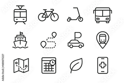 Green Transport Icons. Outline icon set of multimodal green transport: tram, bike, scooter, bus, ferry,