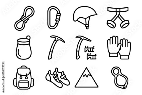 Mountain Climbing Gear Icons. Outline icon set of mountain climbing: climbing rope, carabiner, helmet, harness