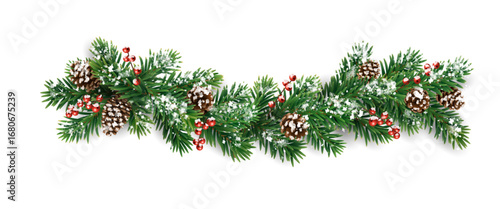 Horizontal Christmas garland with snowy fir branches, pine cones, and holly berries. Festive design for winter banners, cards, invitations, and seasonal posters. Transparent background in vector file.