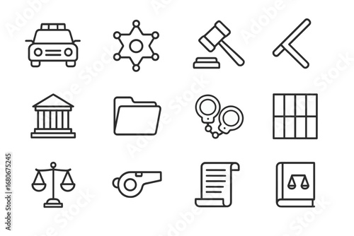 Legal Icons Set. Outline icon set of enforcement actions: police car, sheriff badge, gavel, baton, courthouse,
