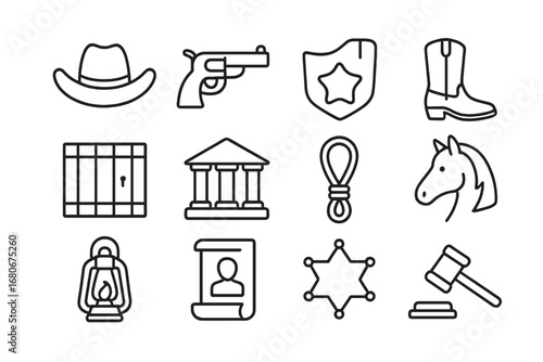 Rural Sheriff Icons. Outline icon set of rural sheriffs: cowboy hat, revolver, badge, boots, jail cell,