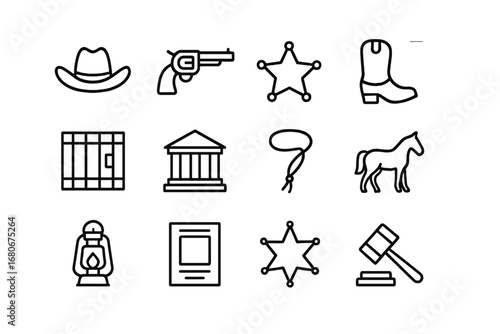 Rural Sheriff Icons. Outline icon set of rural sheriffs: cowboy hat, revolver, badge, boots, jail cell,