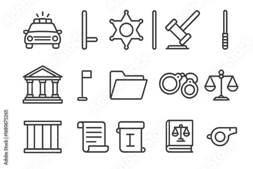 Legal Icons Set. Outline icon set of enforcement actions: police car, sheriff badge, gavel, baton, courthouse,