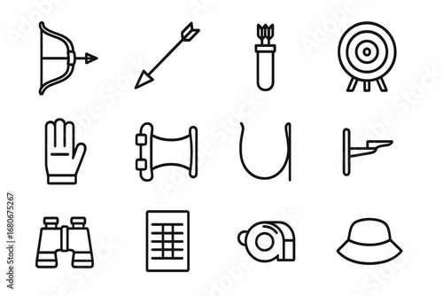 Archery Icon Set. Outline icon set of archery: bow, arrow, quiver, target, glove, arm guard, bowstring, arrow