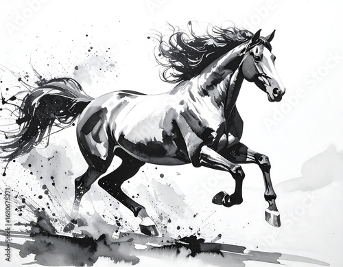 A dynamic, black-and-white illustration of a galloping horse, highlighted by dramatic ink splatter effects, conveying a sense of powerful movement and freedom.