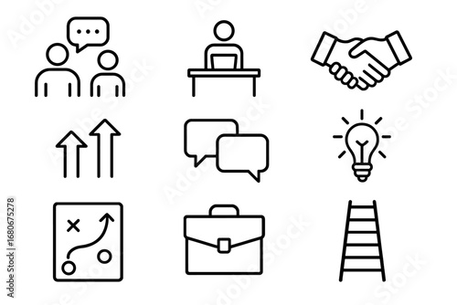 Business Coaching Icons. Outline icon set of business coaching: mentor, student, desk, notebook, handshake,