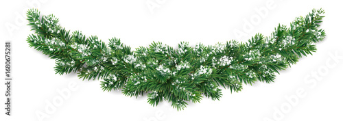 Horizontal Christmas garland. Snowy fir branches. Frosty festive design for winter celebration banners, greeting cards, invitations, and seasonal posters. Transparent background in vector file.