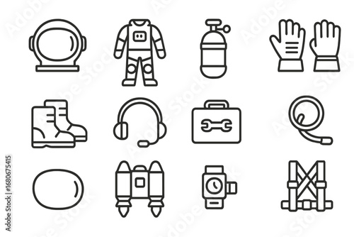 Astronaut Gear Icons. Outline icon set of astronaut equipment: helmet, spacesuit, oxygen tank, gloves, boots,