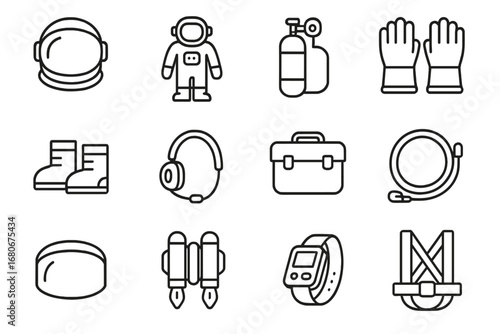 Astronaut Gear Icons. Outline icon set of astronaut equipment: helmet, spacesuit, oxygen tank, gloves, boots,