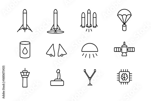 Rocket Icon Set. Outline icon set of reusable rockets: rocket stages, landing pad, booster separation,