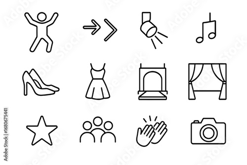 Runway Dance Icon Set. Outline icon set of modern runway dance trends: dancer silhouette, arrows, high heels,