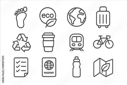 Eco Travel Icons. Outline icon set of responsible travel: footprint, eco badge, globe, luggage, recycling