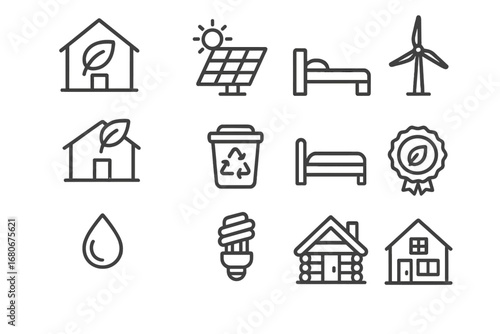 Eco-Friendly Icon Set. Outline icon set of eco-friendly accommodation: eco lodge, solar panel, wind turbine,