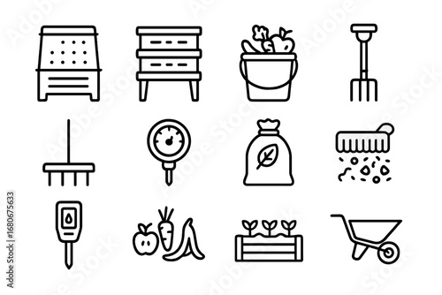 Home Composting Icons. Outline icon set of home composting: compost bin, worm bin, kitchen scrap bucket,