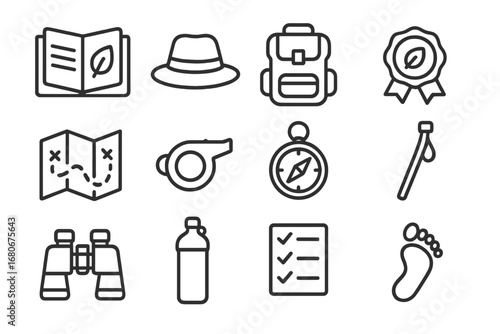 Eco Tour Guide Icons. Outline icon set of eco-tour guides: guidebook, hat, backpack, eco badge, map, whistle,