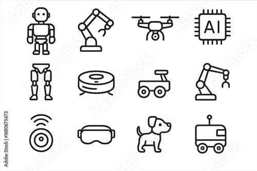 Innovative Robotics Icons. Outline icon set of innovative robotics: humanoid robot, robotic arm, drone, AI