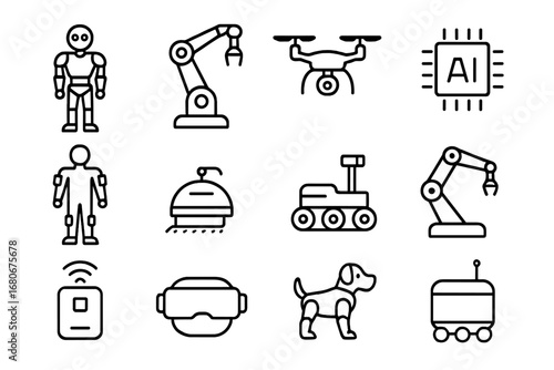 Innovative Robotics Icons. Outline icon set of innovative robotics: humanoid robot, robotic arm, drone, AI