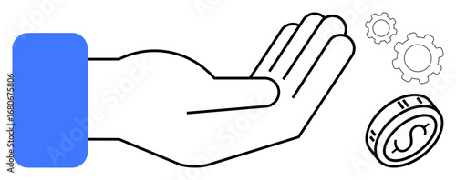 Open palm extended outward, coin with a dollar sign nearby, and gears in motion. Ideal for finance, innovation, teamwork, support, strategy, collaboration technology simple landing page