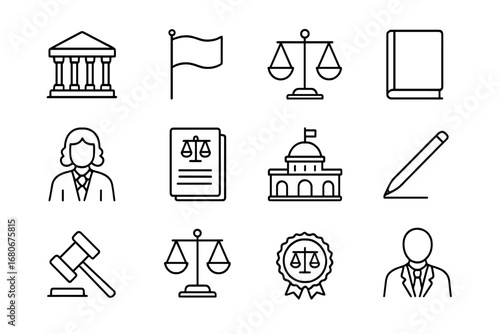 Constitutional Law Icons. Outline icon set of constitutional law: courthouse, national flag, scales of justice