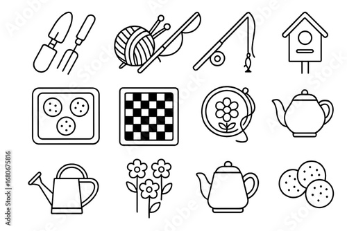 Grandparents' Hobby Icons. Outline icon set of grandparents’ hobbies: gardening tools, knitting needles,