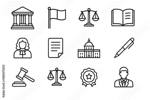 Constitutional Law Icons. Outline icon set of constitutional law: courthouse, national flag, scales of justice