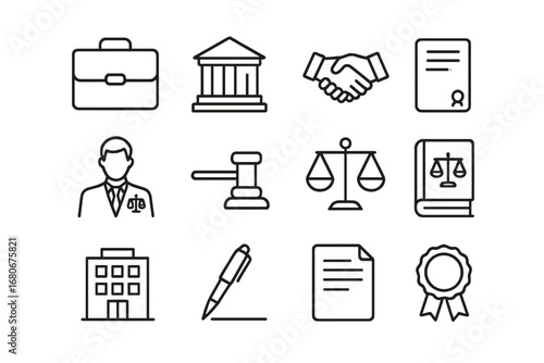 Corporate Law Icons. Outline icon set of corporate law: briefcase, courthouse, handshake, contract, lawyer,