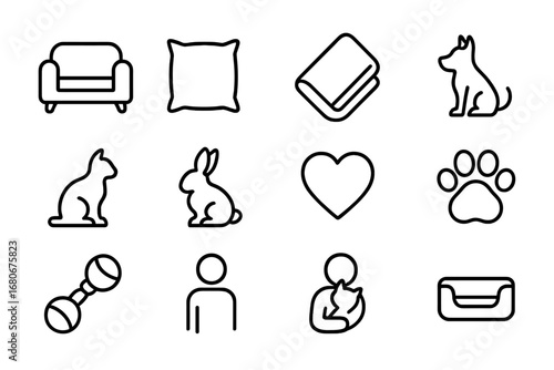 Pet Comfort Icons. Outline icon set of pet comfort: sofa, pillow, blanket, dog, cat, rabbit, paw print, heart,