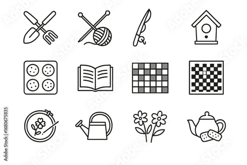 Grandparents' Hobby Icons. Outline icon set of grandparents’ hobbies: gardening tools, knitting needles,