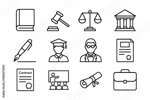 Legal Education Icons. Outline icon set of legal education: book, gavel, scales, courthouse, pen, student,