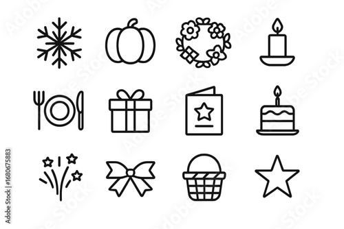 Seasonal Celebration Icons. Outline icon set of seasonal celebrations: snowflake, pumpkin, flower wreath,