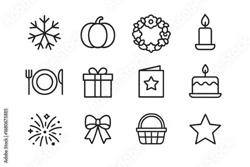 Seasonal Celebration Icons. Outline icon set of seasonal celebrations: snowflake, pumpkin, flower wreath,