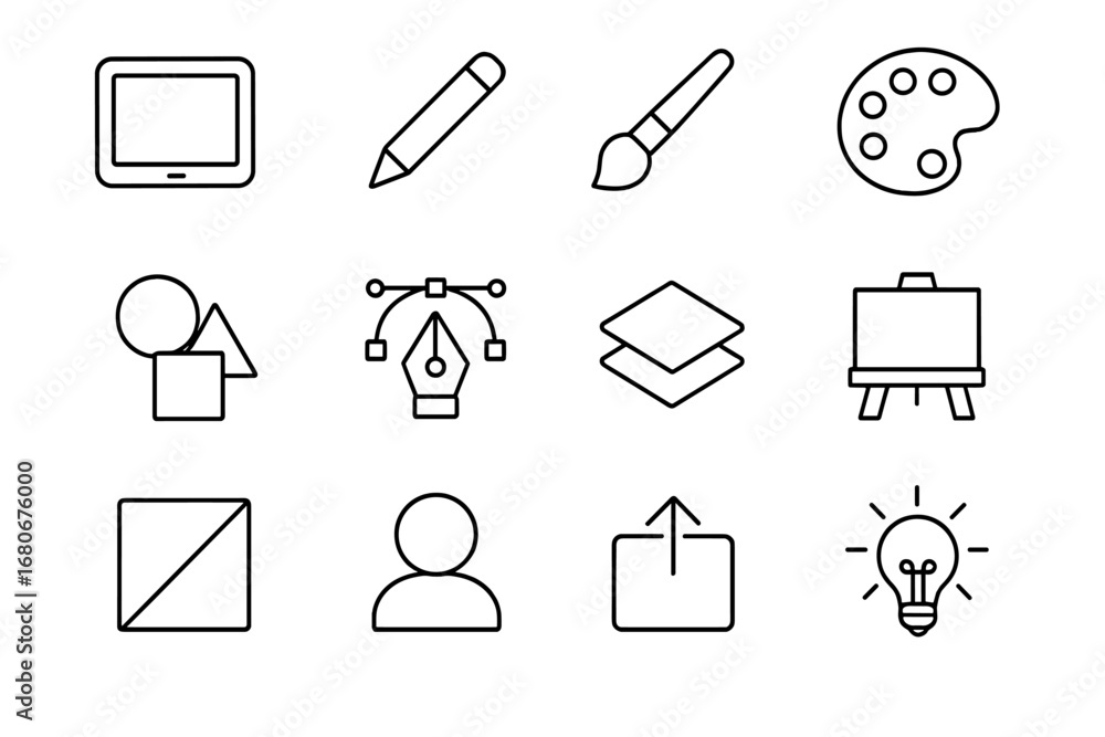 Fototapeta premium Digital Illustration Icons. Outline icon set of digital illustration: tablet, pencil, brush, color palette,