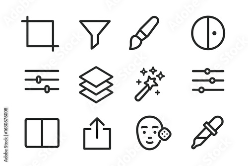 Photo Editing Icons. Outline icon set of photo editing: crop tool, filter, brush, contrast icon, saturation