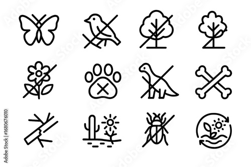 Biodiversity Loss Icons. Outline icon set of biodiversity loss: butterfly, bird, fish, tree, flower, paw print