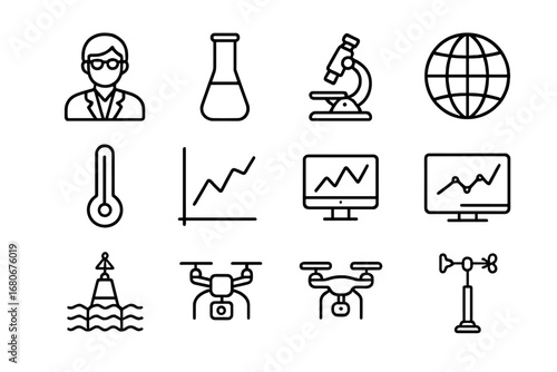 Climate Research Icons. Outline icon set of climate research: scientist, test tube, microscope, globe,