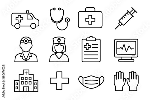 Medical Emergency Icons. Outline icon set of medical emergency coordination: ambulance, stethoscope, medical