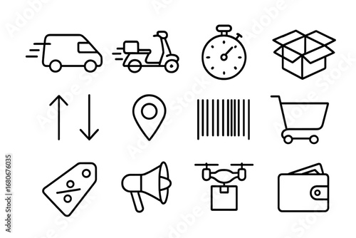 Express Delivery Icons. Outline icon set of express delivery with sales: delivery van, scooter, stopwatch,