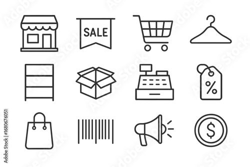Store Promotion Icons. Outline icon set of store promotions: shop building, sale banner, cart, hanger, shelf,
