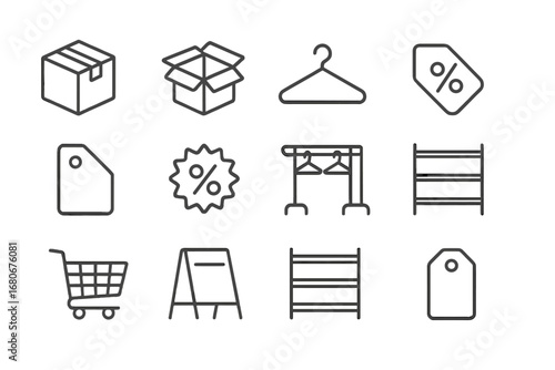 Clearance Sale Icons. Outline icon set of clearance sales: box, open package, hanger, price cut sign, big sale