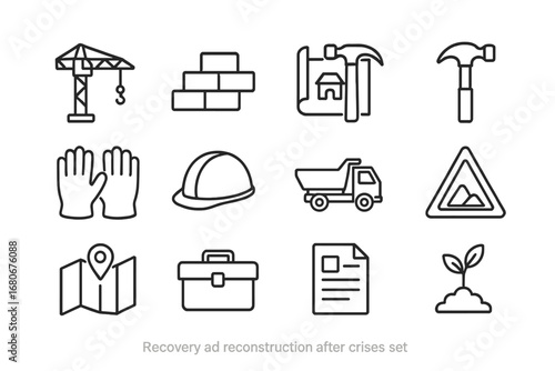 Recovery Icons Collection. Outline icon set of recovery and reconstruction after crises: crane, bricks,