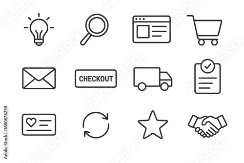 Customer Journey Icons. Outline icon set of customer journey: awareness icon, magnifier, website screen,